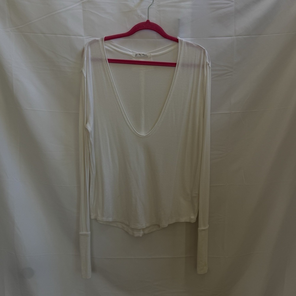 We The Free Small  Oversized White Top Flowy Boho Deep V Neck Casual Long Sleeve